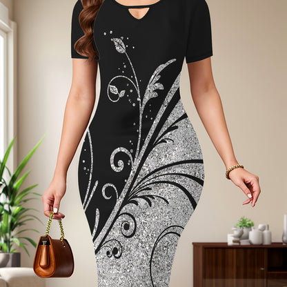 Women's Round Neck Short Sleeve Sports Dress with Butterfly Branch and Leaf Print for Festival Celebration and Outdoor Vacation
