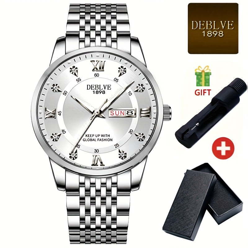 Elegant Men'S Stainless Steel Quartz Watch with Luminous Hands, Date Display & Week Indicator - Classic Design, Non-Waterproof, Battery Powered - Ideal Gift for Christmas, Halloween, Campus Related Events, Everyday Watch|Clas