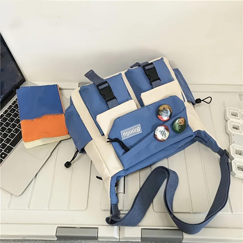 Trendy Nylon Messenger Bag - Casual Japanese-Inspired Shoulder Bag with Adjustable Strap, Large Capacity, Multi-Pocket Design for School & Sports, Blue & White