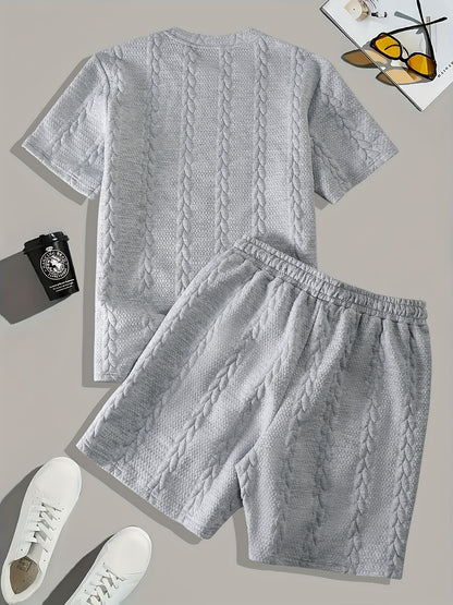 Men'S Casual Short Sleeve T-Shirt and Shorts Set - Knit, Light Gray, Two-Piece, All-Season Comfort, Drawstring Waist, Casual Style, Allseason Comfortwear | Casual Style Set | Knit Texture, Thick