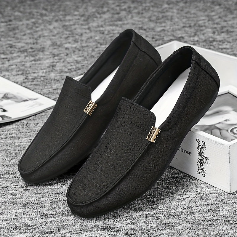 Canvas Loafers - Slip-On Shoe Style with Golden Emblem, Comfortable Non-Slip Sole, Suitable for Driving & Daily Office Use