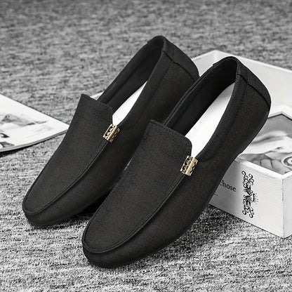 Canvas Loafers - Slip-On Shoe Style with Golden Emblem, Comfortable Non-Slip Sole, Suitable for Driving & Daily Office Use