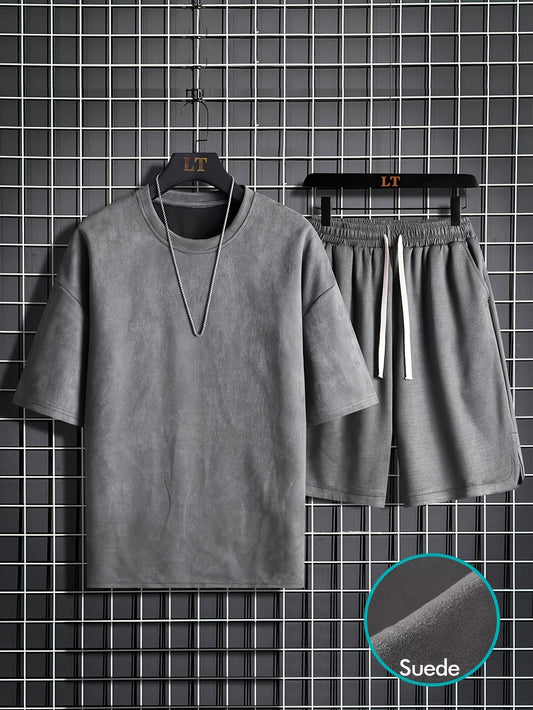 Two-piece Men's summer short-sleeve set, round-neck T-shirt, high-end solid color, half-sleeve, open-back hair clip, thin-fit shorts