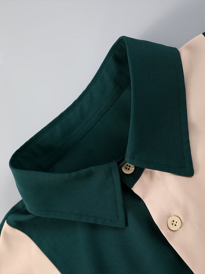 Men'S Casual Two-Piece Spring/Summer Color Block Short Sleeve Shirt and Pants Set - Polyester, Regular Fit, Button-Up with Pocket, No Belt, All-Season Wear, Casual Attire|Casual Style|Polyester Fabric