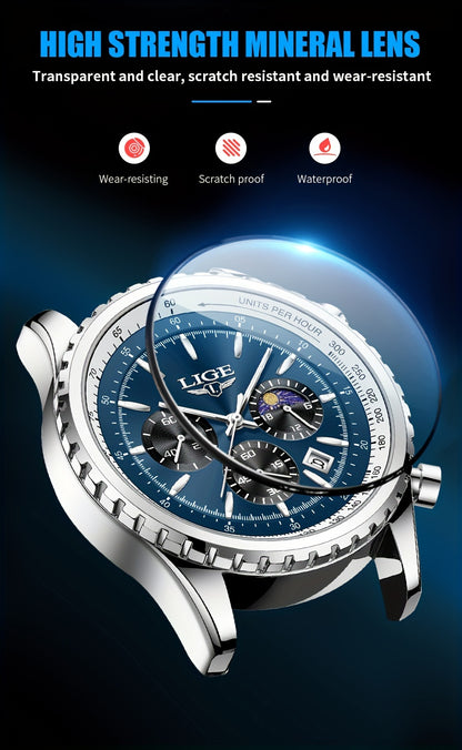 LIGE Top Brand Luxury New Quartz Watch for Women, Luminous Fashion Timepiece for Ladies, Date Chronograph Sports Wristwatch, Men'S Watch