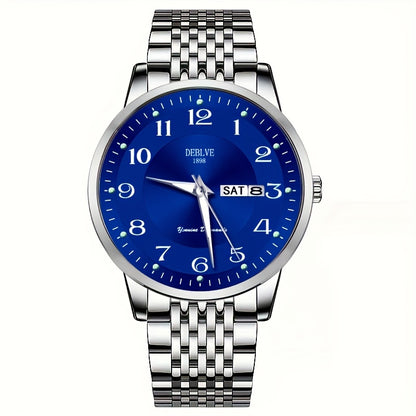 1pc DEBLOVE Men'S Stainless Steel Watch with Red Dial - Date, Calendar, Luminescent Hands & Markers, Quartz Movement, Business Casual Style, Perfect for Travel, Work, and Birthdays, Birthdays Gift|Elegant Watch Design|Quartz