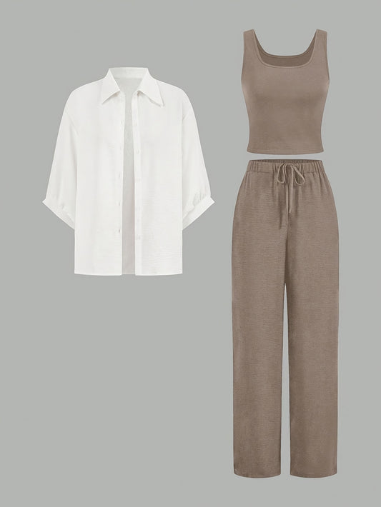 3pcs Summer Women's Casual Vest Shirt and Pants Set