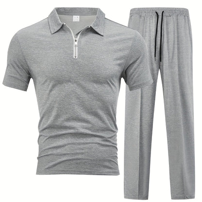 Men'S Casual 2pcs Set Knitted: Zipper Short Sleeve Shirt and Drawstring Pants - Black, Polyester, Suitable for Spring/Summer Casual Wea