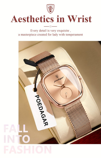 POEDAGAR Elegant Women's Quartz Watch - Waterproof, Stainless Steel Mesh Band, Rose Golden Square Dial, Black Strap, Perfect for Parties & Casual Attire, Stylish Timepiece | Elegant Design | Mesh Strap Watch, Watch Accessorie