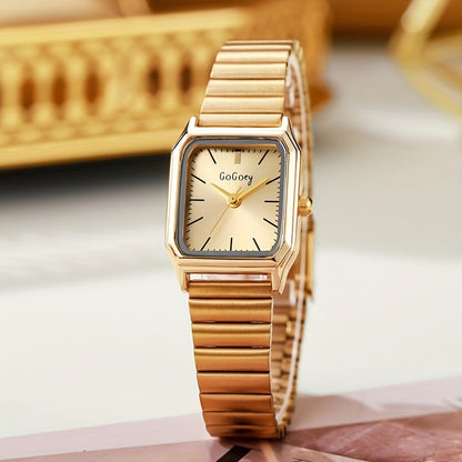 1pc Women Gold Stainless Steel Strap Fashion Square Dial Quartz Watch, for Daily Life, Holiday gift