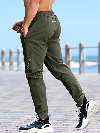 Men's Casual Athletic Pants - Stretch Polyester, Side Zipper Detail, Drawstring Waist, Green Joggers with Pockets for Sports & Leisure