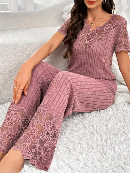 A Two-Piece Set Featuring a Solid Color Short-Sleeve Top with Lace Patchwork And Matching Long Pants.
