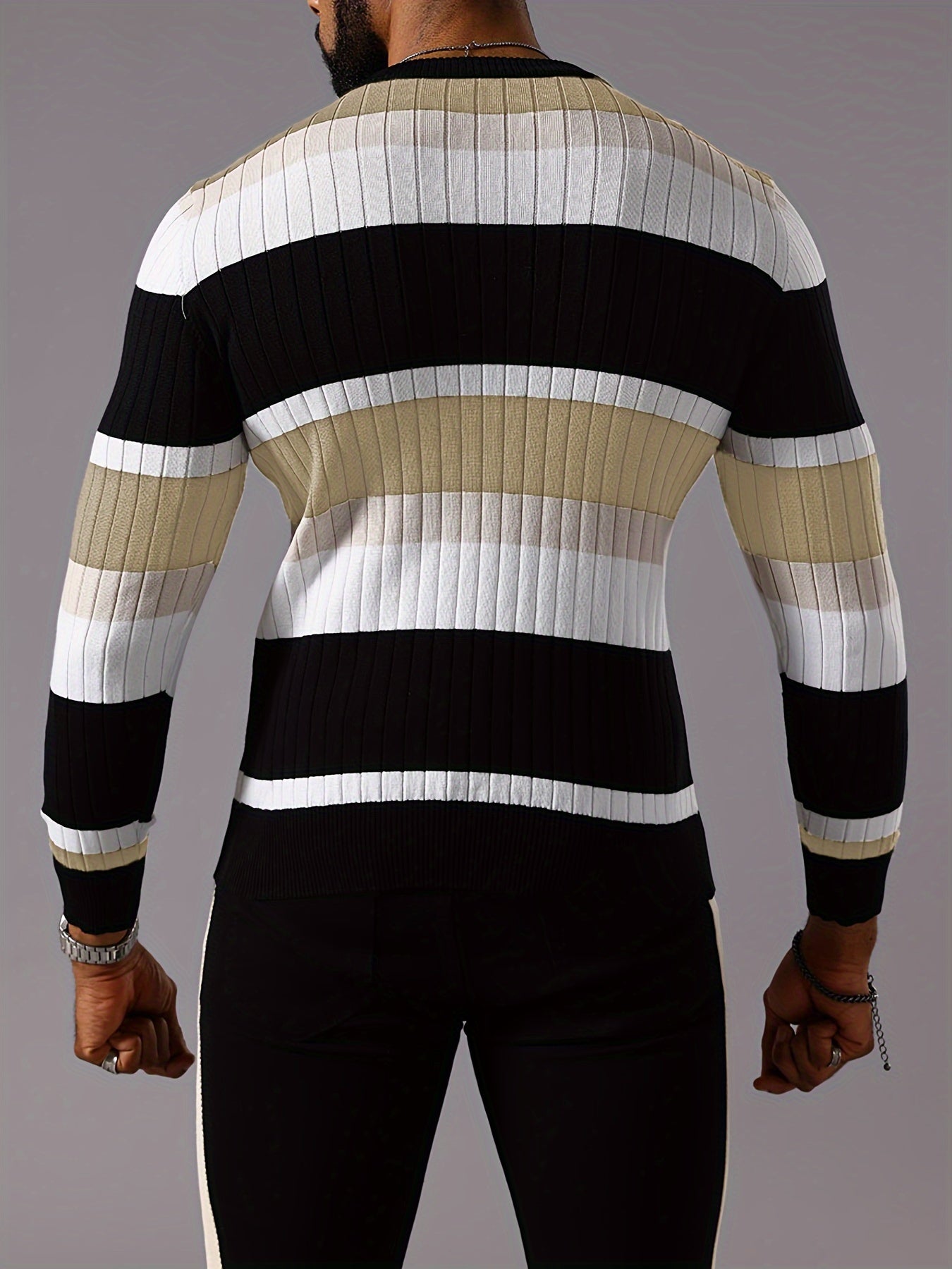 Men's Striped Color-Block Ribbed Knit Sweater - Long Sleeve Round Neck Pullover with Elastic Comfort Fit, Machine Washable Casual Fall Winter Top in Black/White/Green/Beige, Knit Sweater, Medium Elasticity