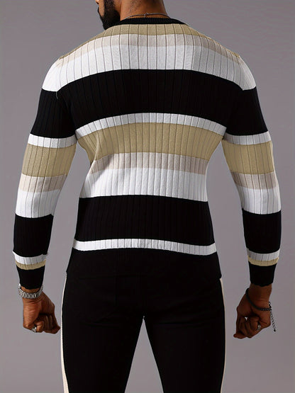 Men's Striped Color-Block Ribbed Knit Sweater - Long Sleeve Round Neck Pullover with Elastic Comfort Fit, Machine Washable Casual Fall Winter Top in Black/White/Green/Beige, Knit Sweater, Medium Elasticity