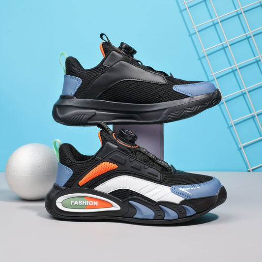 Casual Cool Low Top Sneakers With Rotating Button For Boys, Breathable Shock-absorbing Running Shoes For Spring Summer Autumn