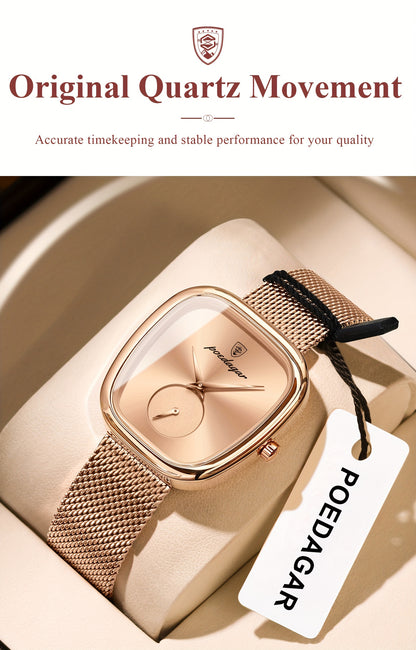 POEDAGAR Elegant Women's Quartz Watch - Waterproof, Stainless Steel Mesh Band, Rose Golden Square Dial, Black Strap, Perfect for Parties & Casual Attire, Stylish Timepiece | Elegant Design | Mesh Strap Watch, Watch Accessorie