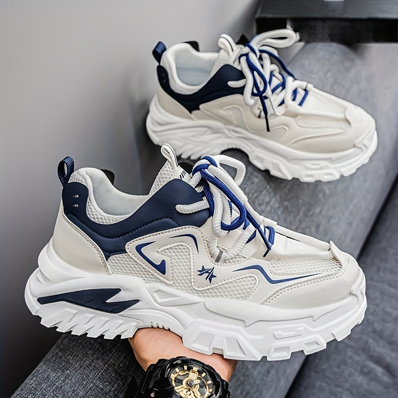 Men'S Breathable Mesh Sneakers with Thick Cushioned Sole - Lightweight Low-Top Lace-Up Shoes for Running, Hiking & Casual Wear, Navy Blue & White Design, All-Season Comfort, Sneakers, Hiking Footwear, Stylish Laceup Shoes, Du