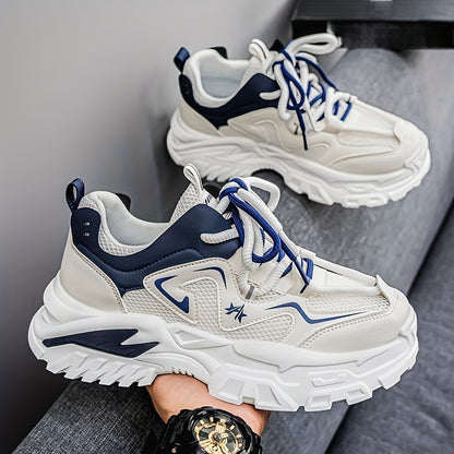 Men'S Breathable Mesh Sneakers with Thick Cushioned Sole - Lightweight Low-Top Lace-Up Shoes for Running, Hiking & Casual Wear, Navy Blue & White Design, All-Season Comfort, Sneakers, Hiking Footwear, Stylish Laceup Shoes, Du