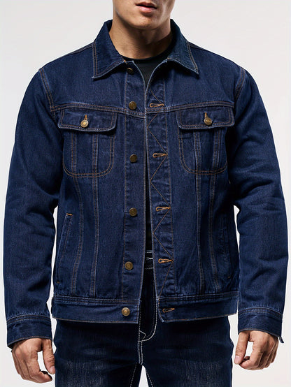 Men's Stylish Denim Jacket - Casual Long Sleeve with Flap Pockets, Machine Washable