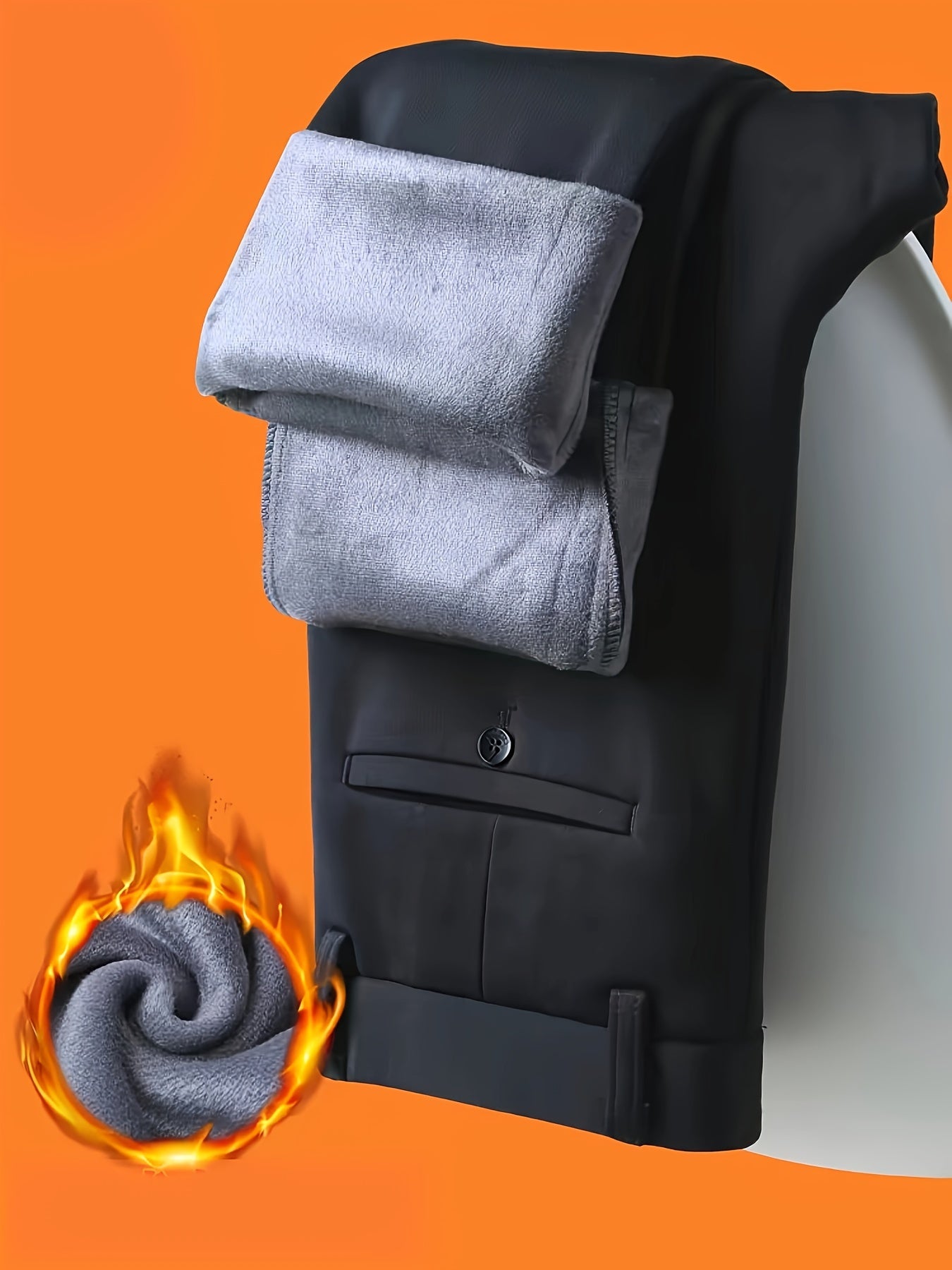 1pc Men'S Warmth Business Casual Pants, Fall/Winter Fleece-Lined Thickened Straight-Leg Trousers with Slant Pockets, Solid Color Knit Fabric Regular Fit Dress Pants with Zipper Closure, Medium Stretch Polyester