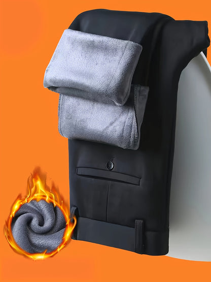 1pc Men'S Warmth Business Casual Pants, Fall/Winter Fleece-Lined Thickened Straight-Leg Trousers with Slant Pockets, Solid Color Knit Fabric Regular Fit Dress Pants with Zipper Closure, Medium Stretch Polyester