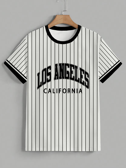 Men'S Los Angeles California Striped T-Shirt - Casual Short Sleeve Crew Neck, Breathable Summer Outdoor Sports Top, White with Black Letter Print, Regular Fit Tee for Casual Attire, Breathable Clothing | California Pride Shir