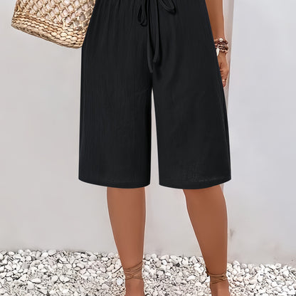 Women's Casual Solid Color Shorts with Faux Drawstring, Polyester, Machine Washable - All Seasons, Beach Pants, Leisure Style, ALL/Global/All