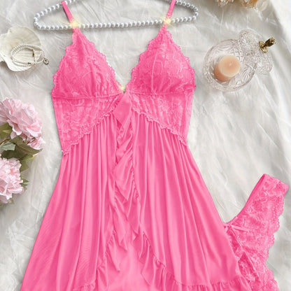 Sexy and Romantic Sleepwear Set, Solid Color Lace Camisole with Matching Panties, V-Neck Design Accentuating Elegant Neckline, Delicate Lace Pattern for Softness. Flared Hem and Ruffled Front Add Graceful Charm, Perfect for a
