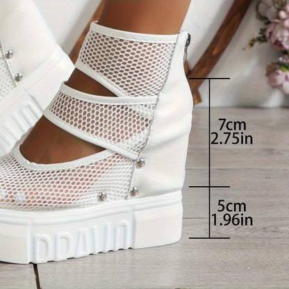 Women's Stylish Solid Color Sandals, Back Zipper Platform Soft Sole Studded Wedge Sandals, Mesh Breathable Vacation Shoes