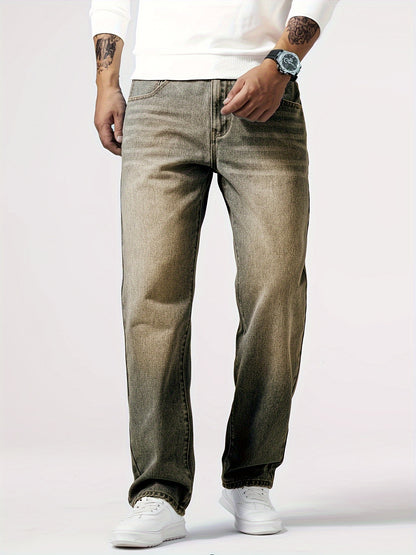 Men'S Loose Fit Straight Leg Jeans, Cotton 85% Polyester 15% Denim, Washed Solid Color Casual Style