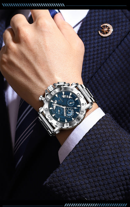 POEDAGAR Men'S Luxury Stainless Steel Business Watch with Date Display, 3ATM Blue Dial, Rotating Bezel, Alloy Case, Quartz Movement - Elegant Formal Accessory, Formal Accessory|Luxurious Watch|Quartz Movement Watch