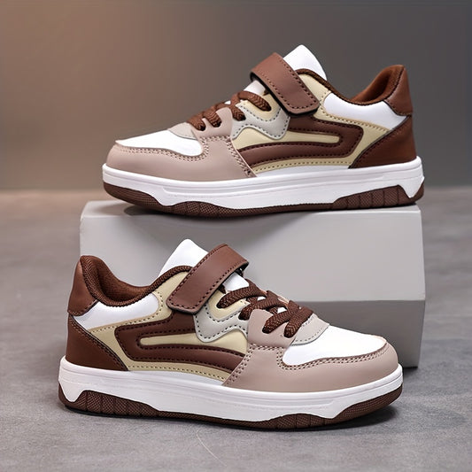 Boys' Stylish Low-Top Sneakers - Lightweight, Breathable Faux Cover with Striped Design, Hook-and-loop Fastener Strap, Perfect for Casual Running & Sports - Brown & White, Running Shoes