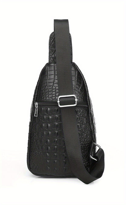 SCHLATUM Genuine Leather Crocodile Pattern Sling Bag - Black, Large-Capacity Multifunctional Crossbody Backpack for Travel, Sports & Camping, Stylish Zipper Closure Design