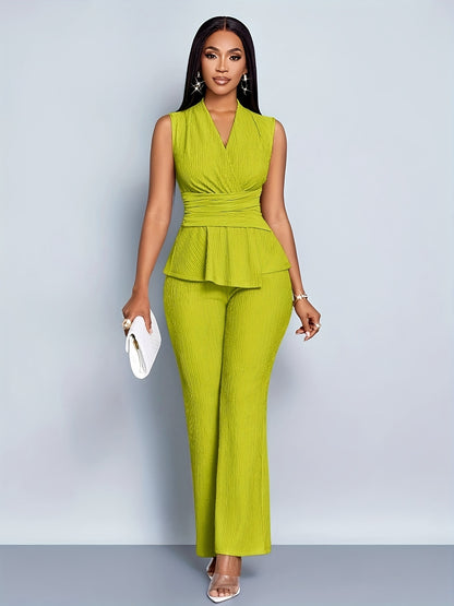 Elegant Women'S Two-Piece Set, Sleeveless V-Neck Top & Wide-Leg Pants, Solid Color, Asymmetrical Design, All-Season Casual Wear, Casual Attire | Asymmetrical Top | Wideleg Pants