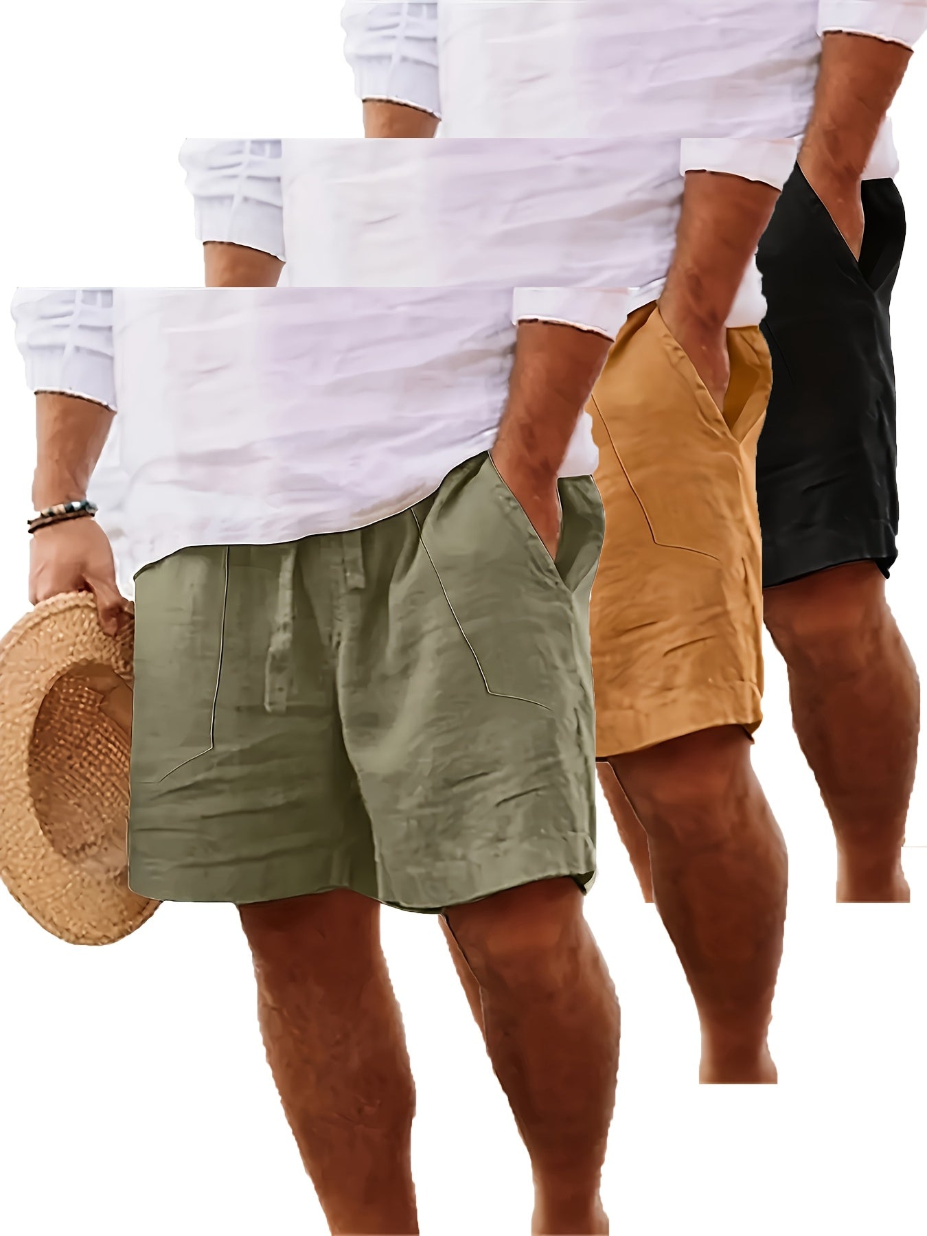 Men's Summer Cotton Drawstring Elastic Waist Straight-Leg Solid Color Breathable Casual Beach Shorts - 3pcs