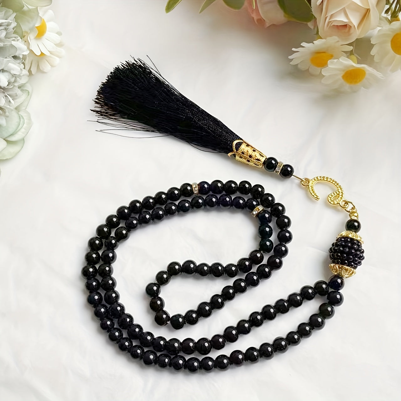 Simple Classic Black Glass Prayer Beads, 99 Count Handheld Tasbih - No Plating, Daily & Gift Occasion Versatile Strand