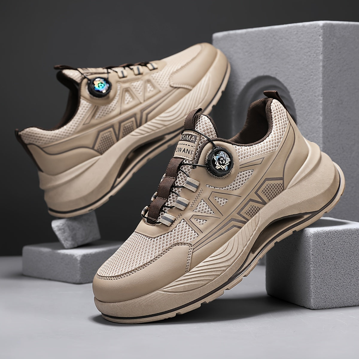 Men's 2025 New Casual Athletic Running Shoes - Thick-Sole Hiking & Basketball Sneakers with Breathable PU/Fabric Upper, Durable PVC Outsole, Beige/Black Colorway for Outdoor, Streetwear & Everyday Comfort, Round Toe Design |
