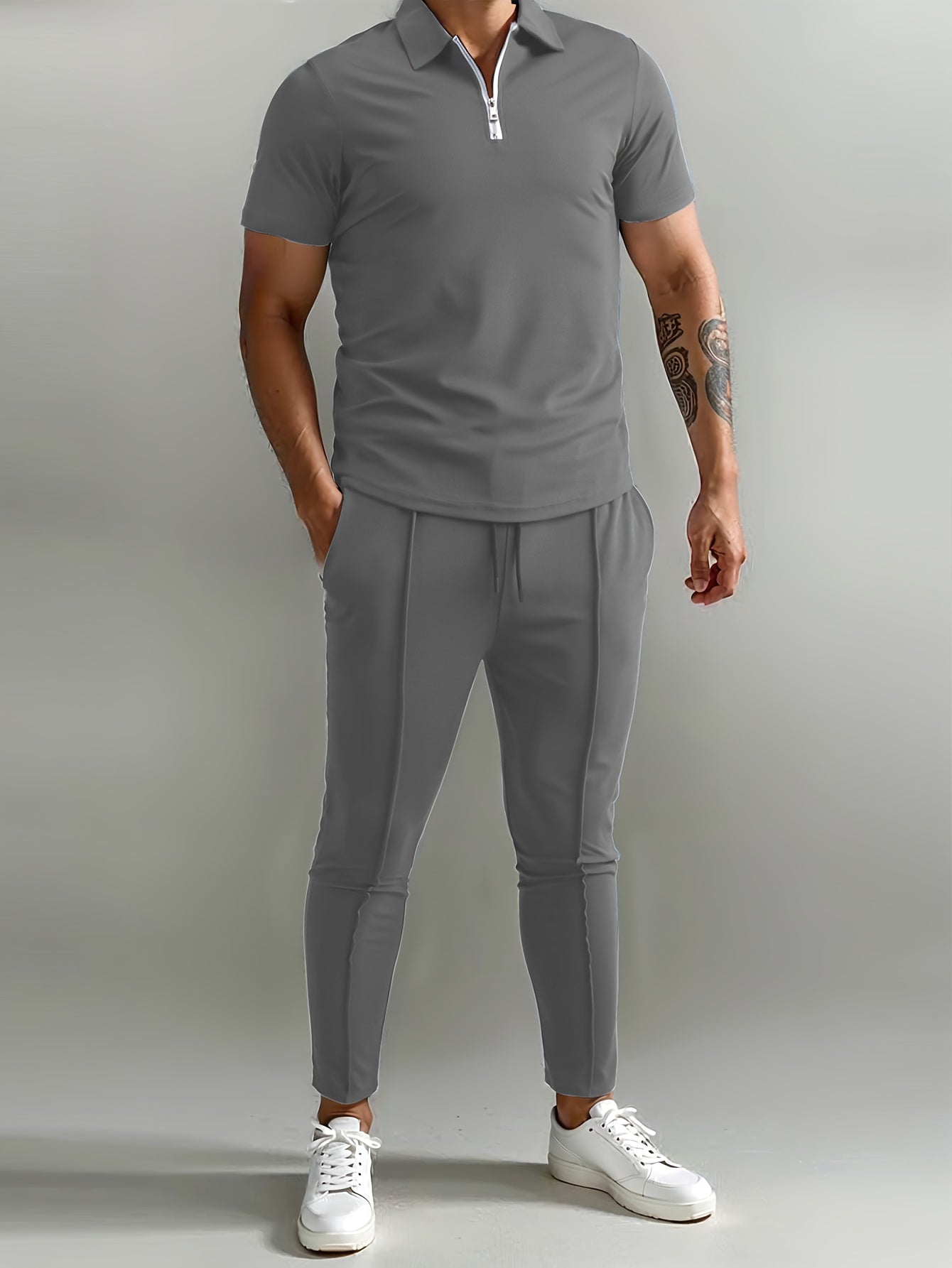 Men's Slim-Fit Casual & Joggers Set - Breathable Polyester, Short Sleeve, Summer Outdoor Wear