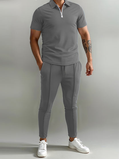 Men's Slim-Fit Casual & Joggers Set - Breathable Polyester, Short Sleeve, Summer Outdoor Wear