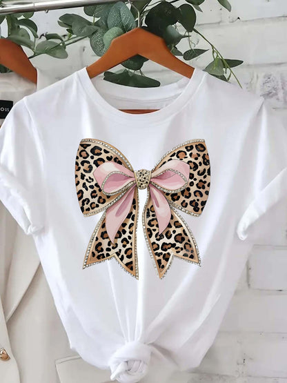 Women'S Leopard Print Bow T-Shirt, Short Sleeve Crew Neck Casual Top for Spring & Summer, Fashionable Pink Graphic Tee with Golden Accents, Ladies T Shirts