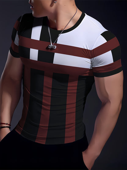 Striped Patchwork Design Pattern Print, Men'S Sports Fashion, Geometric Print High Elasticity Tight Fit Short Sleeved Round Neck T-Shirt, Summer Fitness, Training And Fitness Wear Quick Drying Sports Top with Coolness