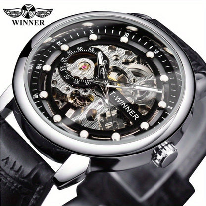 Men'S Luxury Mechanical Skeleton Watch with Golden-Tone Alloy Case & Faux Leather Strap - Mechanical Hand-Wind, World Time, Date Display, Elegant Fashion Accessory for Casual Attire, Mechanical Watch, Sophisticated Design, In