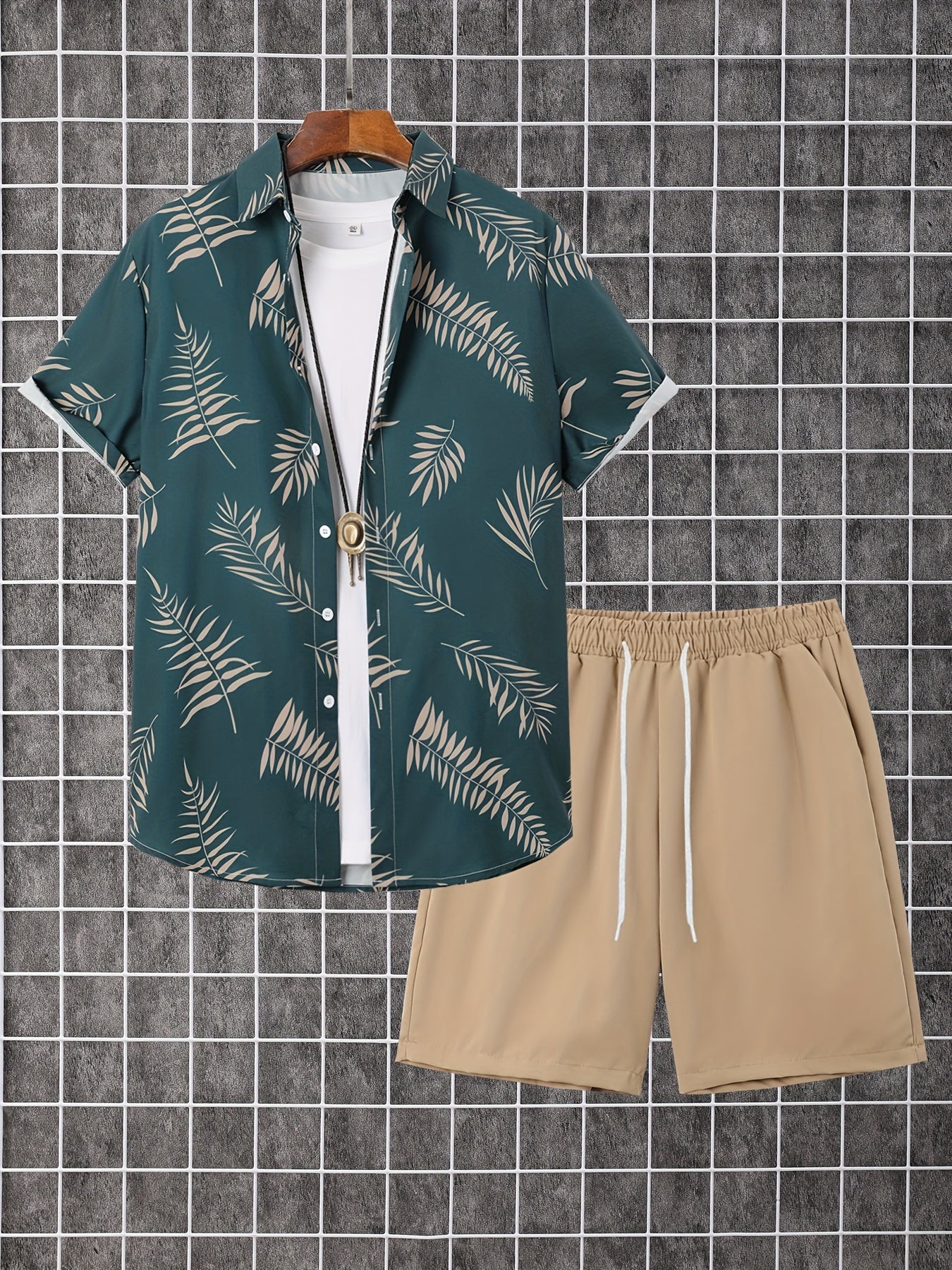 2-piece Men's Holiday Style Summer Outfit Set, Leafs Pattern Print Short Sleeve Button Up Lapel Shirt Top & Solid Drawstring Shorts With Pockets