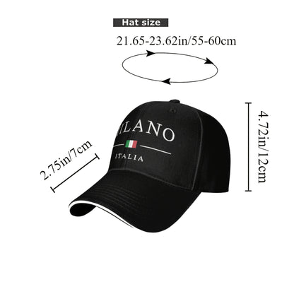 Adjustable Milan, Italy Print Baseball Cap - Breathable Polyester Dad Hat with Italian Flag Design, Black & White, Perfect for Outdoor Activities, Casual Wear, and Gifts