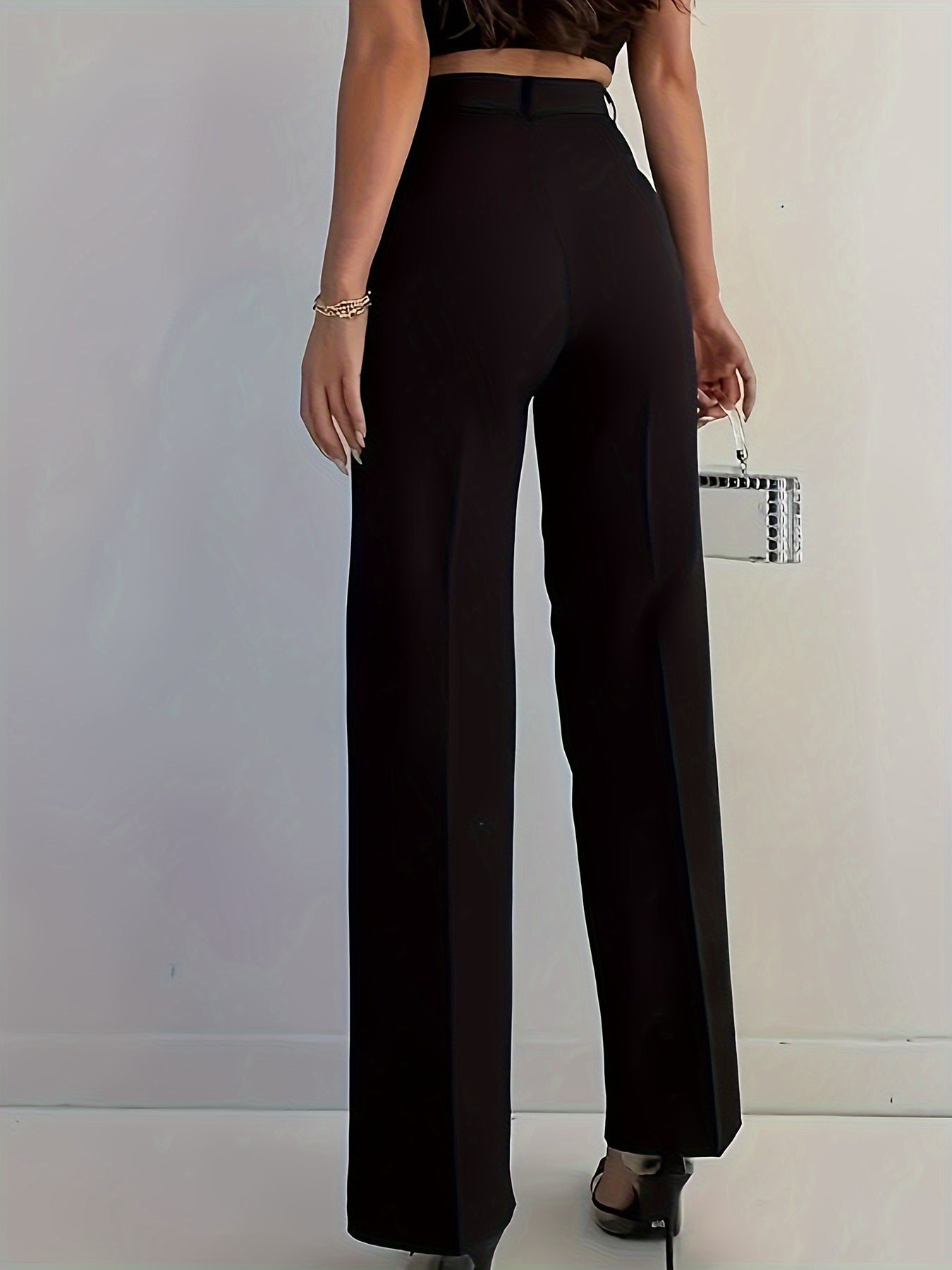 Elegant Women's Black Straight-Leg Pants - High-Waisted, Sleek Polyester, Machine Washable - Perfect for Professional & Social Events
