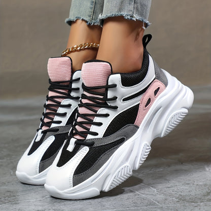 Thick Sole Shock Absorption Chunky Sneakers, Mesh Breathable Lightweight Lace Up Running Shoes, Low Cut Wear Resistance Sport Shoes