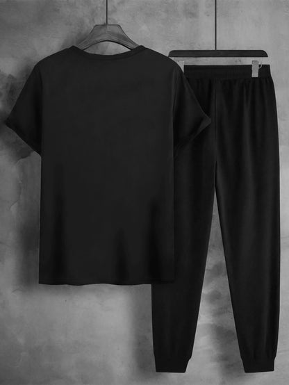 1set Men'S Casual Sportswear Set, Geometric Pattern Short Sleeve T-Shirt and Drawstring Joggers, Knitted Polyester and Elastane Blend, Round Neck, Regular Fit, Four Seasons Outfit