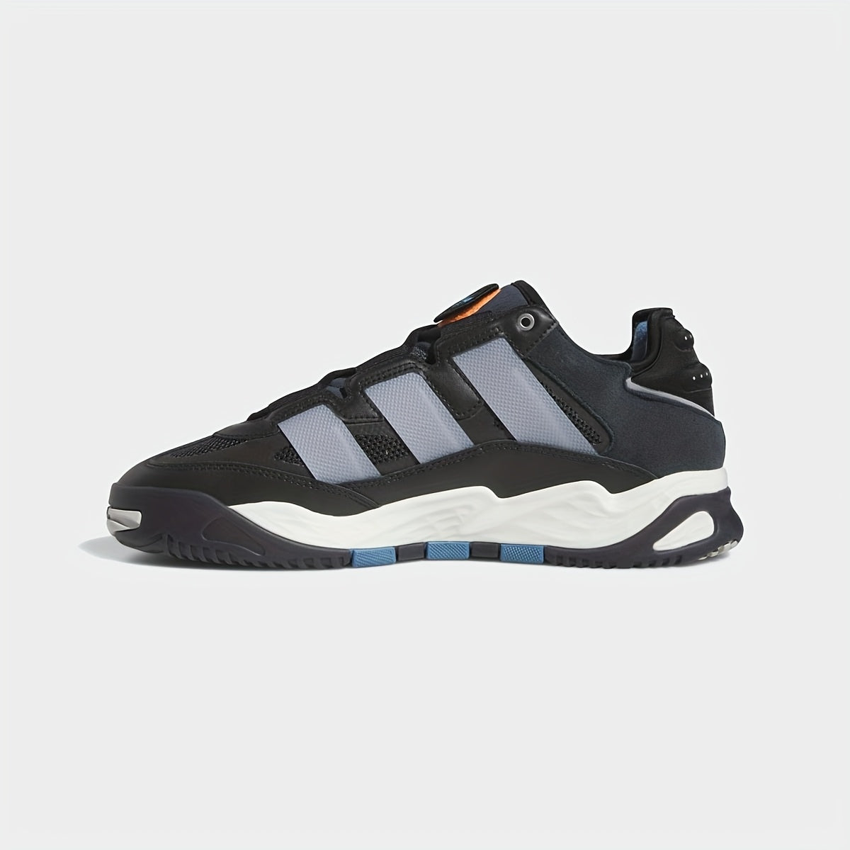 Adidas Niteball Low-Top Sneakers for Men & Women - Striped Casual Shoes with Genuine Leather Upper, Breathable Fabric Lining & Rubber Sole, Black/Blue/Orange Accents (FZ5742), Athletic Footwear, Modern Triptych Design, Durabl