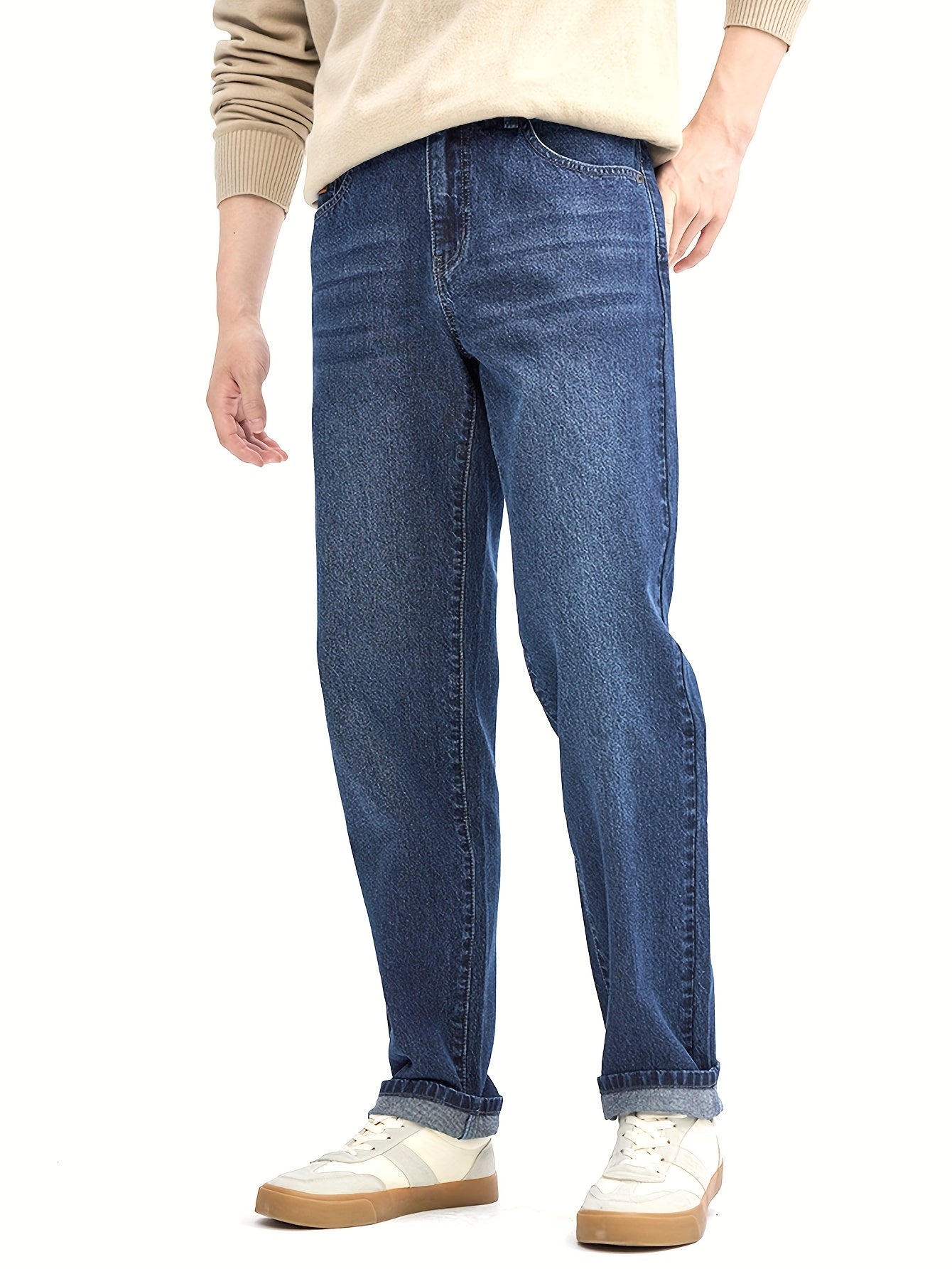 Men's Classic Straight-Leg Casual Jeans - Cotton Blend, Machine Washable, Non-Stretch Denim for All Seasons