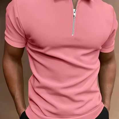 Casual Stretch Men's Solid Color Zipper Lapel Golf Shirt, Male Summer Streetwear
